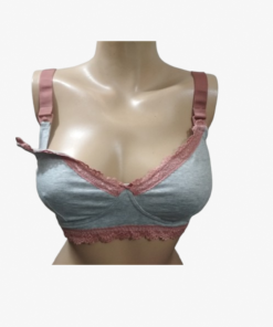 Maternity Nursing Bra - Cotton Non-Wired Mother’s Bra (Grey with Maroon Lace) | LadyxCoral